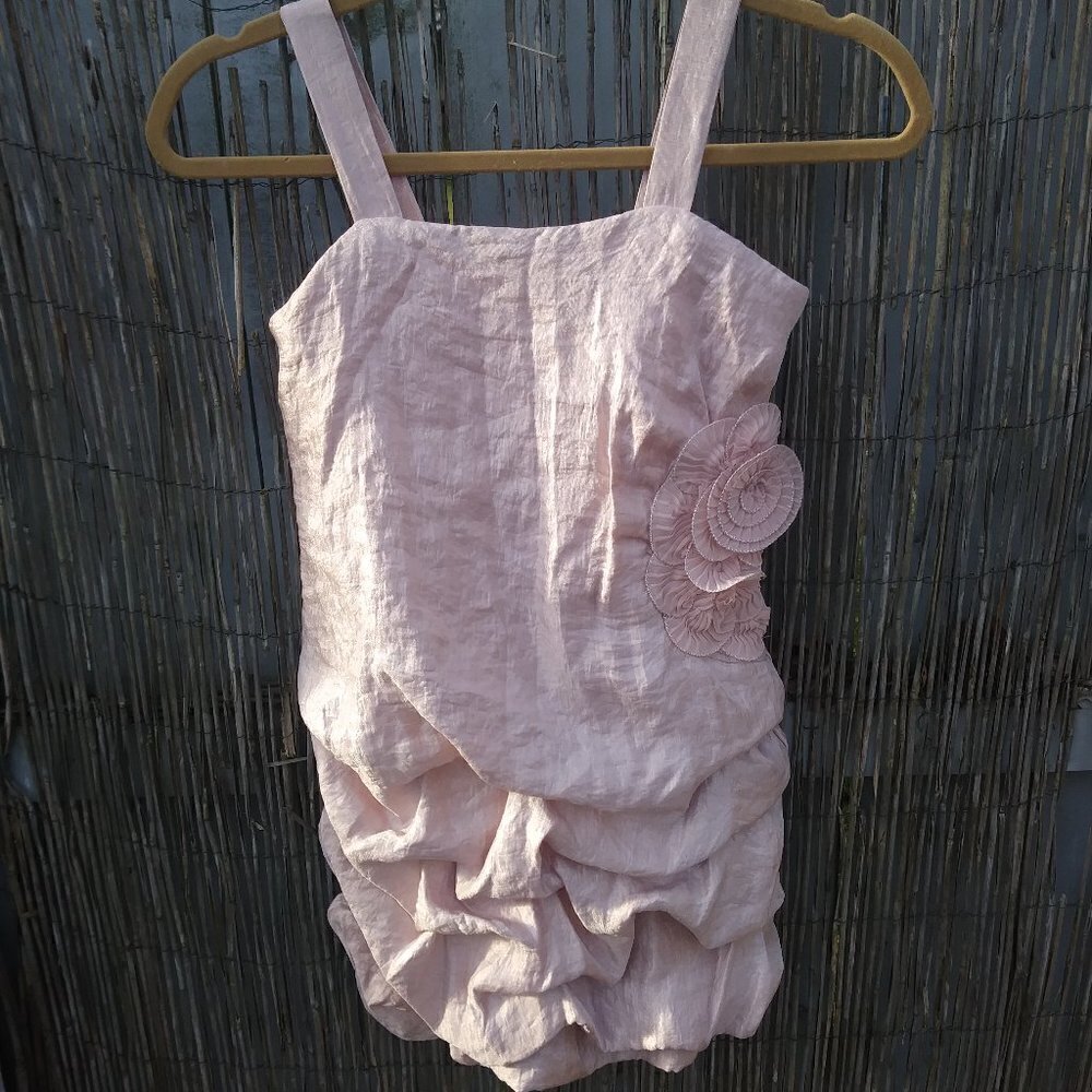 Paper Doll Blush Pale Pink Shimmery Ruffled Mini Dress w/ Floral Decor - 8
